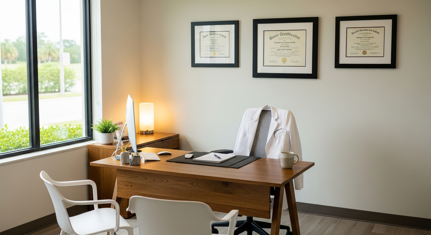 A functional medicine physician's office with framed medical diplomas and board-certification credentials on the wall beside a white coat and desk.